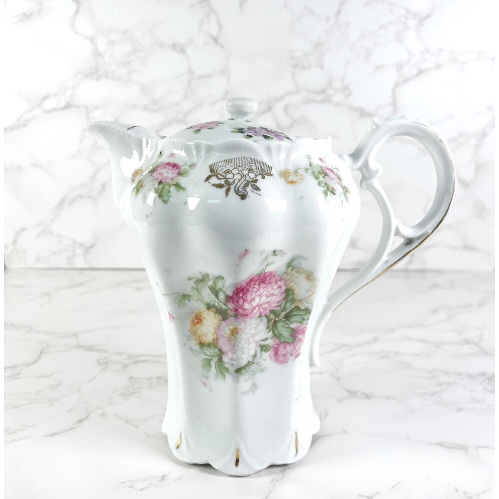 Antique Hand Painted Victorian Chocolate Pot Gold Gilt Scalloped Edge Unmarked